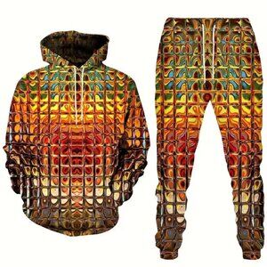 Multi-coloured abstract print hoodie and joggers set #streetwear #festival